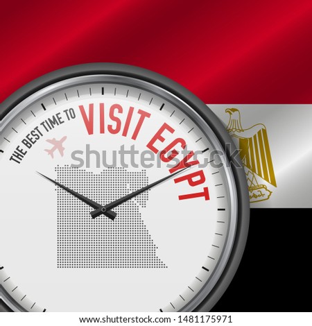 The Best Time to Visit Egypt. Travel to Egypt. Tourist Air Flight. Waving Flag Background and Dots Pattern Map on the Dial. Vector Illustration.