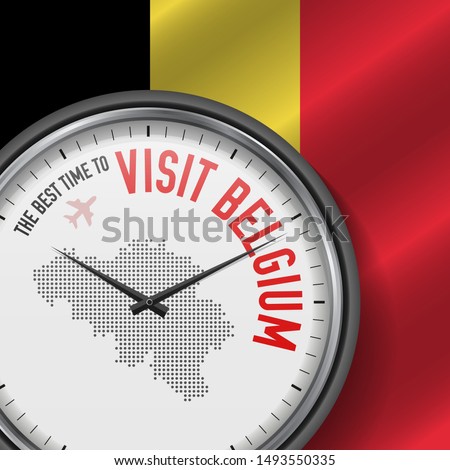 The Best Time to Visit Belgium. Travel to Belgium. Tourist Air Flight. Waving Flag Background and Dots Pattern Map on the Dial. Vector Illustration.