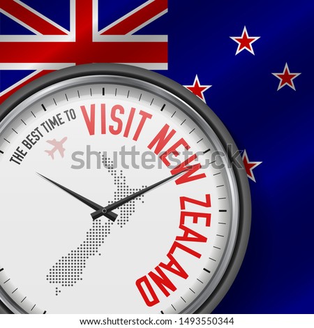 The Best Time to Visit New Zealand. Travel to New Zealand. Tourist Air Flight. Waving Flag Background and Dots Pattern Map on the Dial. Vector Illustration.