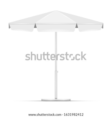 White empty beach umbrella commercial vector awning. Market, cafe, or restaurant desing element. Blank round market tent canopy mock up isolated on white background.