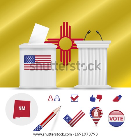 Presidential elections in New Mexico. Vector waving flag, realistic ballot box, public speaker's podium, silhouette map and voting icon set.