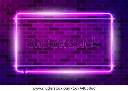 Horizontal rectangular frame glowing neon sign or LED strip light. Realistic vector illustration. Purple brick wall, violet glow, metal holders.