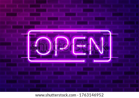 Open glowing neon sign or LED strip light. Realistic vector illustration. Purple brick wall, violet glow, metal holders.