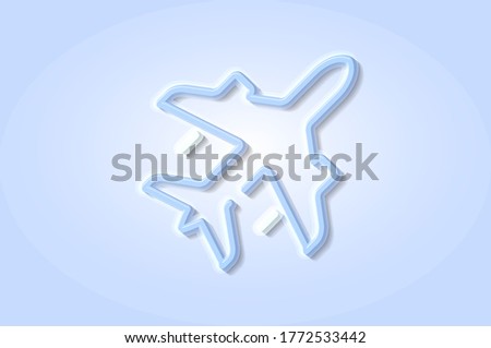 Jet airliner glowing 3D symbol, card template. Realistic vector illustration. Blue background.