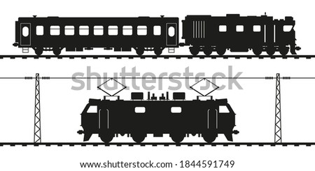 Diesel locomotive, passenger carriage and electric locomotive. Detailed vector silhouette.