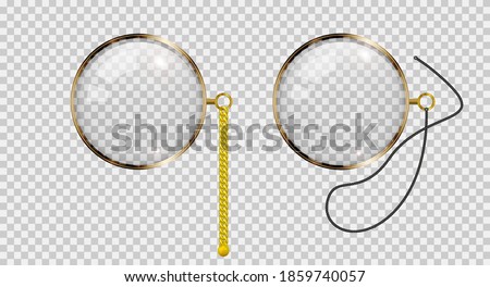 Gold monocle on chain and lace. Realistic 3D vector illustration.