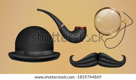 Gentleman set. Bowler hat, smoking pipe, gold monocle, mustache. Realistic 3D vector illustration.