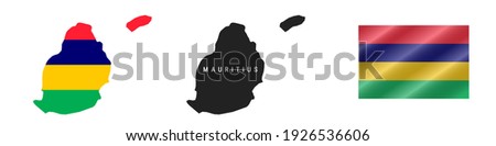 Mauritius. Map with masked flag. Detailed silhouette. Waving flag. Vector illustration isolated on white.