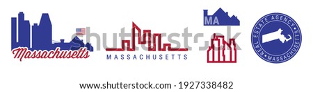 Massachusetts real estate agency. US realty emblem icon set. Flat vector illustration. American flag colors. Big city and suburbs. Simple silhouette map in the round seal stamp.