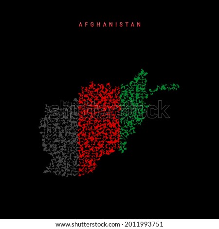 Afghanistan flag map, chaotic particles pattern in the colors of the Afghan flag. Vector illustration isolated on black background.