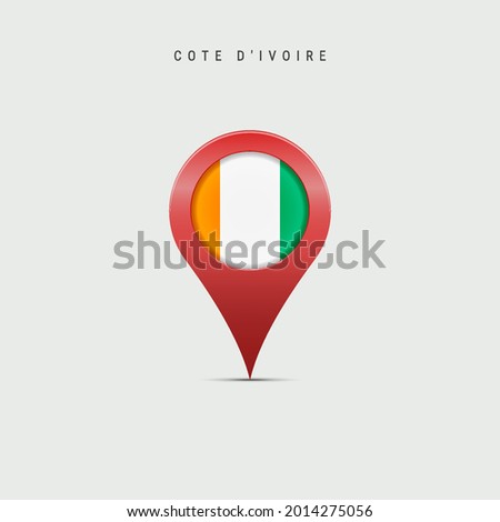 Teardrop map marker with flag of Cote d Ivoire. Ivory Coast flag inserted in the location map pin. 3D vector illustration isolated on light grey background.