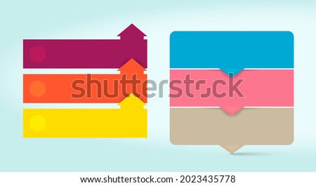 3 step arrow banners up and down. Cute colored infographics diagrams. Realty presentation design elements. 3D vector illustration on sky blue background.