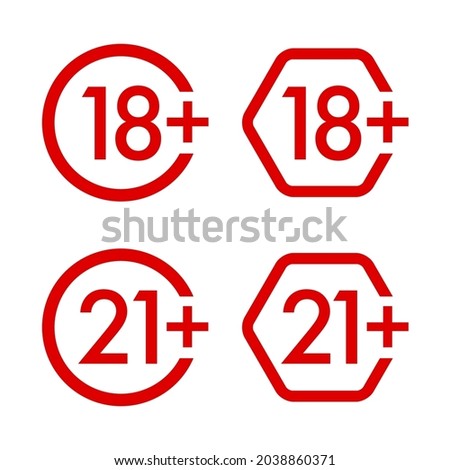 18, 21, plus years old icon vector set. Adults content. 18, 21 age restriction signs. Eighteen and twenty one plus years sticker, badge, circle and hexagonal red label.