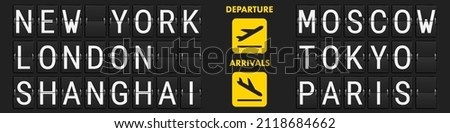 Airport mechanical scoreboard. Equipment board message departures and arrivals flight. Flipping departure countdown. Schedule arriving for travel. 3D realistic vector illustration. Stok fotoğraf © 