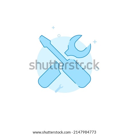 Screwdriver and wrench vector icon. Flat illustration. Filled line style. Blue monochrome design. Editable stroke. Adjust line weight.