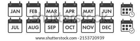 Yearly calendar icons set. All twelve months with names in abbreviated form. Plus two additional planning icons. Flat vector illustration isolated on white.