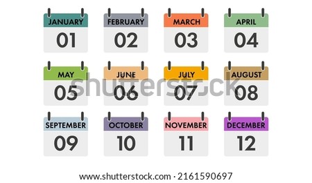 Yearly calendar icons set. All twelve months with names and serial numbers. Template for creating an icon for any day of the year. Flat vector illustration isolated on white.