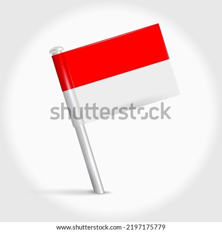 Indonesia map pin flag icon. Indonesian pennant map marker on a metal needle. 3D realistic vector illustration.