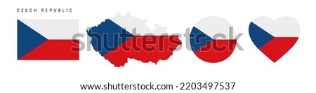 Czech Republic flag icon set. Czechia pennant in official colors and proportions. Rectangular, map-shaped, circle and heart-shaped. Flat vector illustration isolated on white.