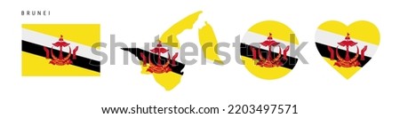 Brunei flag icon set. Bruneian pennant in official colors and proportions. Rectangular, map-shaped, circle and heart-shaped. Flat vector illustration isolated on white.