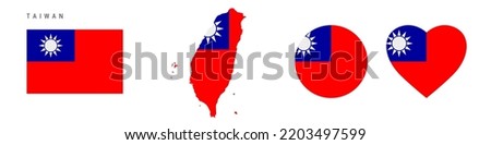 Taiwan flag icon set. Taiwanese pennant in official colors and proportions. Rectangular, map-shaped, circle and heart-shaped. Flat vector illustration isolated on white.