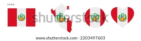 Peru flag icon set. Peruvian pennant in official colors and proportions. Rectangular, map-shaped, circle and heart-shaped. Flat vector illustration isolated on white.