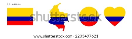 Colombia flag icon set. Colombian pennant in official colors and proportions. Rectangular, map-shaped, circle and heart-shaped. Flat vector illustration isolated on white.