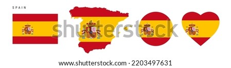 Spain flag icon set. Spanish pennant in official colors and proportions. Rectangular, map-shaped, circle and heart-shaped. Flat vector illustration isolated on white.