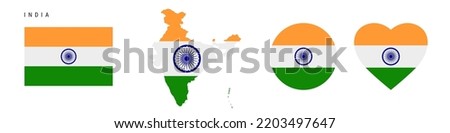 India flag icon set. Indian pennant in official colors and proportions. Rectangular, map-shaped, circle and heart-shaped. Flat vector illustration isolated on white.