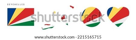 Seychelles flag icon set. Republic of Seychelles pennant in official colors and proportions. Rectangular, map-shaped, circle and heart-shaped. Flat vector illustration isolated on white.