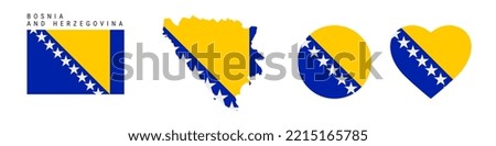 Bosnia and Herzegovina flag icon set. Bosnian pennant in official colors and proportions. Rectangular, map-shaped, circle and heart-shaped. Flat vector illustration isolated on white.