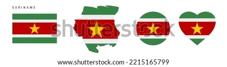 Suriname flag icon set. Surinamese pennant in official colors and proportions. Rectangular, map-shaped, circle and heart-shaped. Flat vector illustration isolated on white.