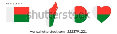 Madagascar flag icon set. Republic of Madagascar pennant in official colors and proportions. Rectangular, map-shaped, circle and heart-shaped. Flat vector illustration isolated on white.