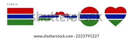 Gambia flag icon set. Gambian pennant in official colors and proportions. Rectangular, map-shaped, circle and heart-shaped. Flat vector illustration isolated on white.