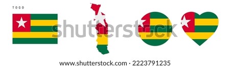 Togo flag icon set. Togolese Republic pennant in official colors and proportions. Rectangular, map-shaped, circle and heart-shaped. Flat vector illustration isolated on white.