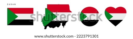 Sudan flag icon set. Sudanese pennant in official colors and proportions. Rectangular, map-shaped, circle and heart-shaped. Flat vector illustration isolated on white.