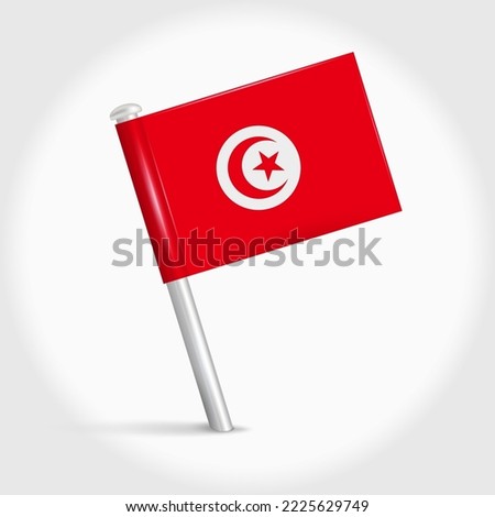 Tunisia map pin flag icon. Tunisian pennant map marker on a metal needle. 3D realistic vector illustration.