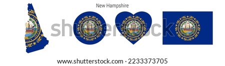 New Hampshire flag icon set. American state pennant in official colors and proportions. Rectangular, map-shaped, circle and heart-shaped. Flat vector illustration isolated on white.