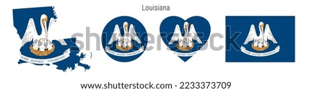 Louisiana flag icon set. American state pennant in official colors and proportions. Rectangular, map-shaped, circle and heart-shaped. Flat vector illustration isolated on white.