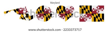 Maryland flag icon set. American state pennant in official colors and proportions. Rectangular, map-shaped, circle and heart-shaped. Flat vector illustration isolated on white.