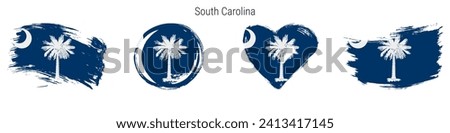 South Carolina hand drawn grunge style flag icon set. US state banner in official colors. Free brush stroke shape, circle and heart-shaped. Flat vector illustration isolated on white.