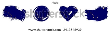 Alaska hand drawn grunge style flag icon set. US state banner in official colors. Free brush stroke shape, circle and heart-shaped. Flat vector illustration isolated on white.