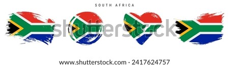 South Africa hand drawn grunge style flag icon set. RSA banner in official colors. Free brush stroke shape, circle and heart-shaped. Flat vector illustration isolated on white.