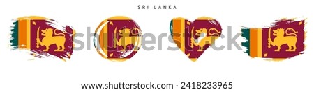 Sri Lanka hand drawn grunge style flag icon set. Sri lankan banner in official colors. Free brush stroke shape, circle and heart-shaped. Flat vector illustration isolated on white.