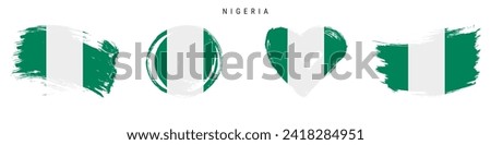 Nigeria hand drawn grunge style flag icon set. Nigerian banner in official colors. Free brush stroke shape, circle and heart-shaped. Flat vector illustration isolated on white.