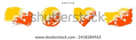 Bhutan hand drawn grunge style flag icon set. Bhutanese banner in official colors. Free brush stroke shape, circle and heart-shaped. Flat vector illustration isolated on white.
