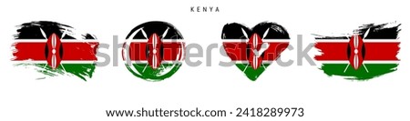 Kenya hand drawn grunge style flag icon set. Kenyan banner in official colors. Free brush stroke shape, circle and heart-shaped. Flat vector illustration isolated on white.