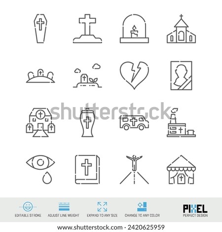 Funeral services related vector line icon set isolated on white. Pixel perfect design. Editable stroke. Adjust line weight. Expand to any size. Change to any color.