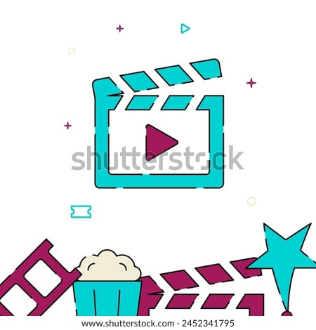 Cinema clapperboard filled line vector icon, simple illustration, related bottom border.