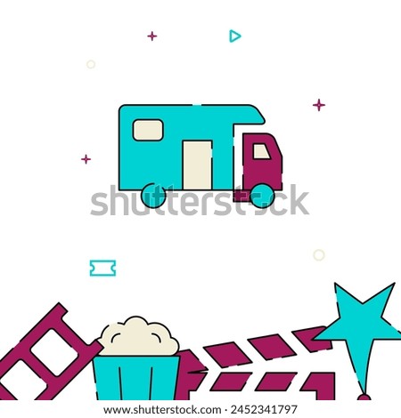 Filming van filled line vector icon, simple illustration, related bottom border.